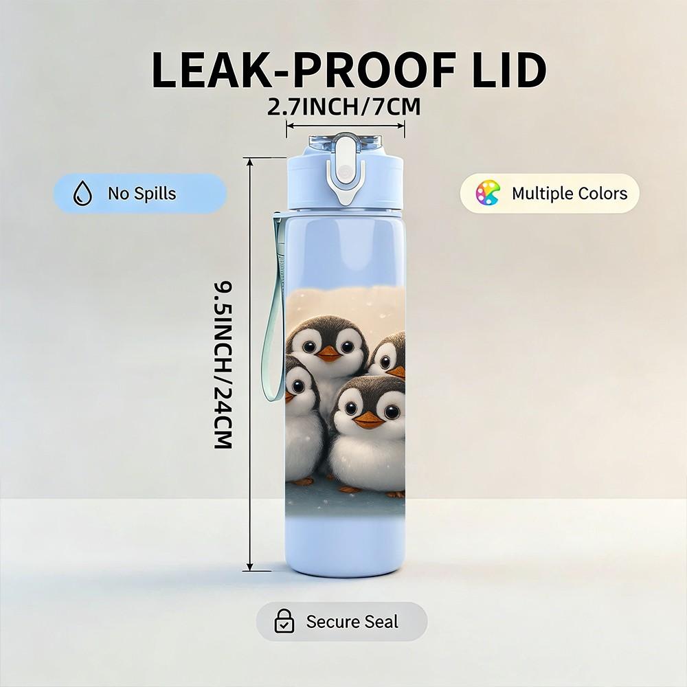 1PC Group Penguin Family Antarctic Print 750ml Color Plastic Sports Water Bottle Leakproof Flip Straw Lid Suitable for Sports Office Home Use