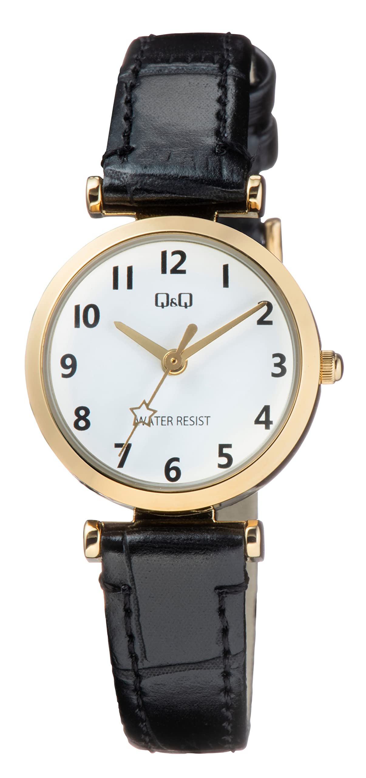 

Citizen Analog Watch with Star Spherical Leather Black Q&Q Women s Design, Waterproof, Crystal, Strap, Q03A-002PK, чёрный