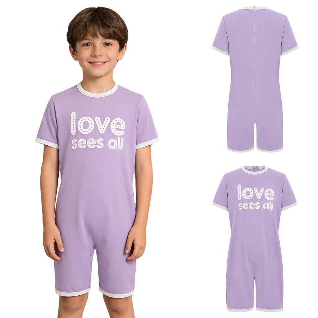 Mono Adaptativo para Niños con Necesidades Especiales Antidesgarro Trasero Cremallera Invisible Manga Corta Estampado de Letras Ribete de Contraste Mono para Niños Niñas
