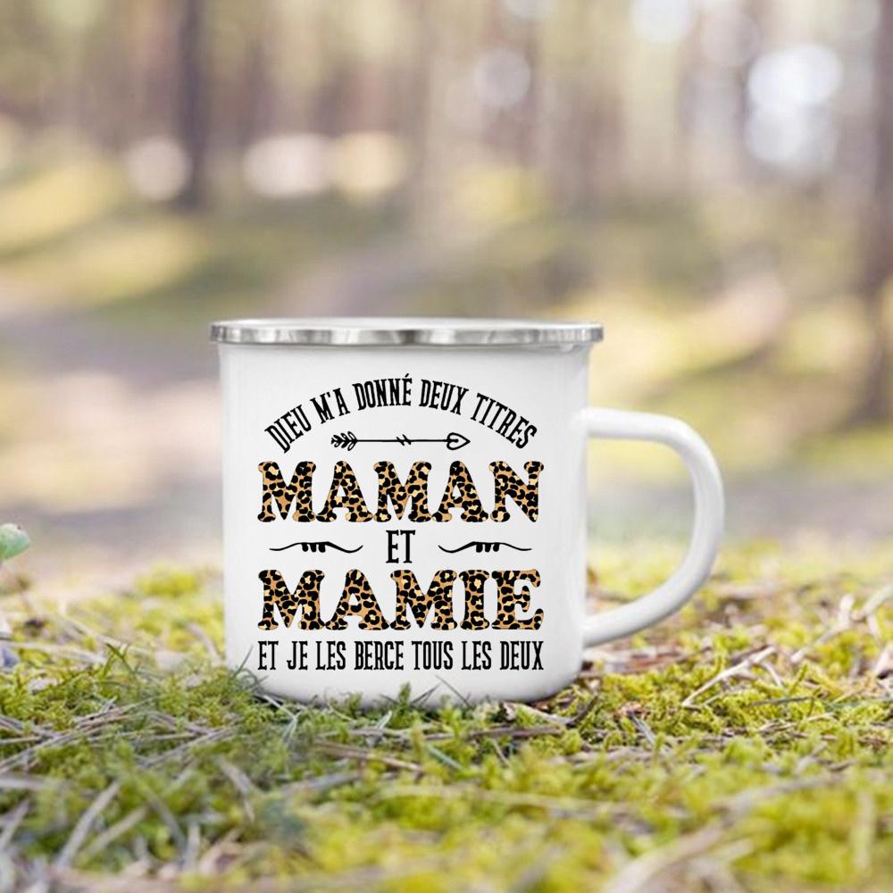 Super Papy Mamie Print Enamel Mug Creative Coffee Cups Drinks Water Milk Cup Enamel Mug Home Drinkware Gifts for Grandma Grandpa