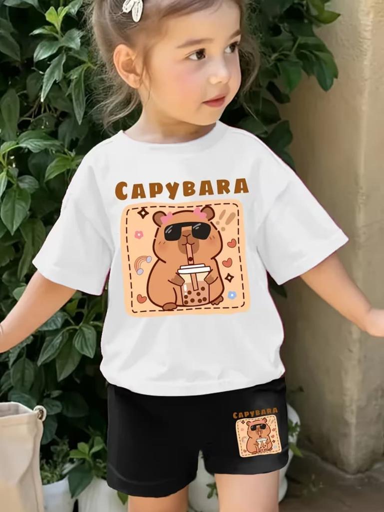 Girls Summer 2 Piece Set Cute Capybara Animal Print Short Sleeve Top And Shorts Casual Outfit For Kids Daily Wear