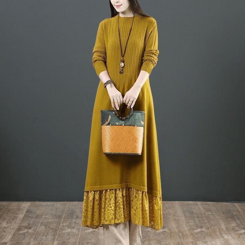 Autumn and Winter Women's Thick Wool Sweater Dress Lace Patchwork Plus Size Knitted Dress Long Casual Dresses
