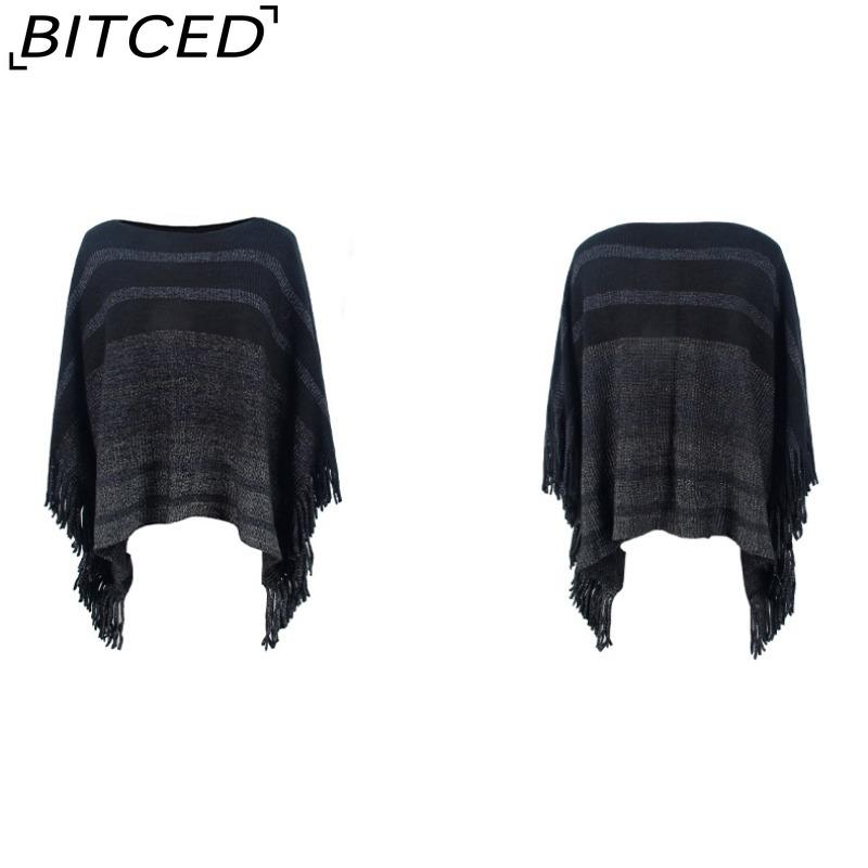 BITCED Off-Shoulder Fringe Shawl Women's Autumn Color-Block Striped Cape Coat