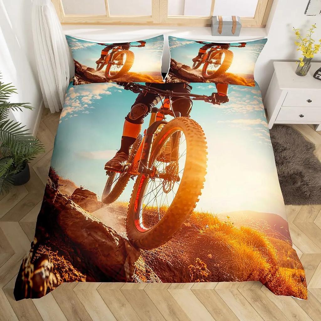Bicycle Rider Duvet Cover Toddler Size for KidsMountain Bike Bedding Set for Teens AdultsWatercolor Quilt Cover