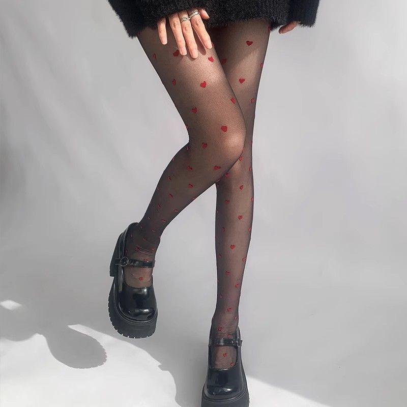 Red Heart Silk Jacquard Pantyhose for Women - Sexy Black and Red Stockings