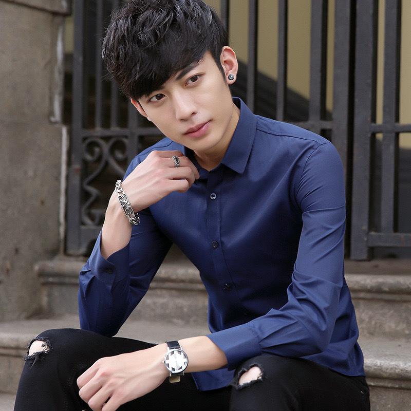 Cămașă Casual de Afaceri pentru Bărbați, Slim Fit, Mânecă Lungă, Culoare Solidă - Stil Coreean, Fără Riduri, Alb