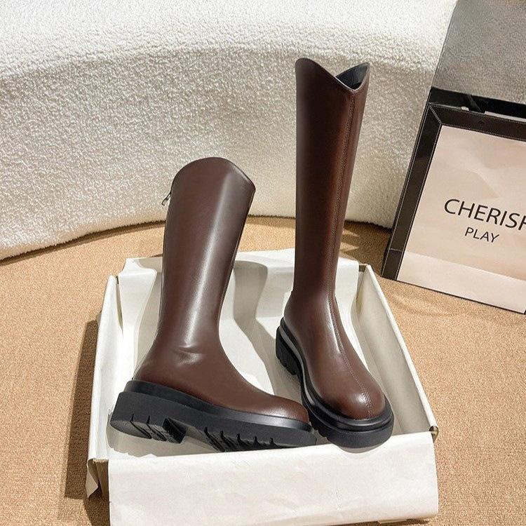 Thick-soled Martin Boots for Women Spring and Autumn Single Boots Mid-length Ladies Long Brown V-neck Boots