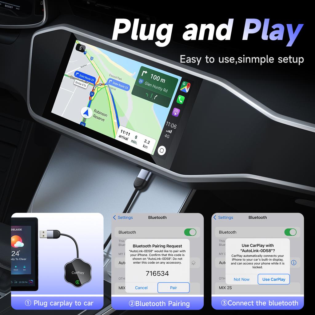 2 in 1 Wireless CarPlay Android Auto Adapter For iP/Android Phones Upgrade Wired to Wireless For Built-In CarPlay/Android Auto Cars