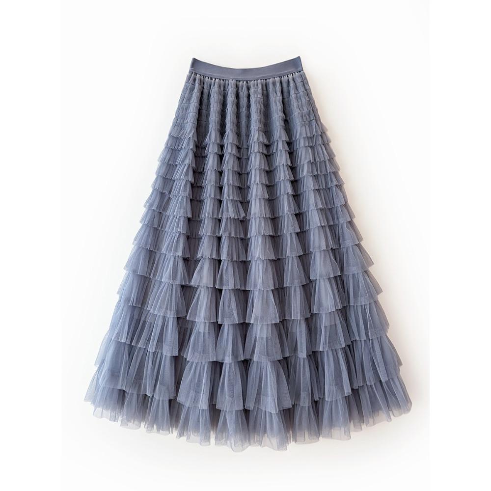 Women's Elastic Waist A‑Line Maxi Tulle Skirt Fresh Sweet Tiered Cake Long Skirt