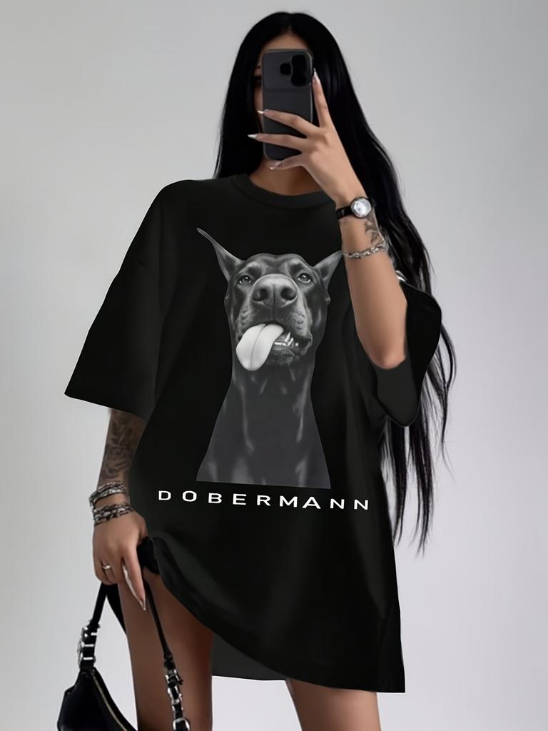 Unisexs Casual Printed Tshirt Doberunisex Pattern Black Round Neck Short Sleeved Suitable For All Seasons Fun Print Classic Style