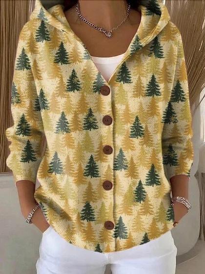 New V-neck button long-sleeved hooded sweater autumn and winter Christmas fashion personalized coat women