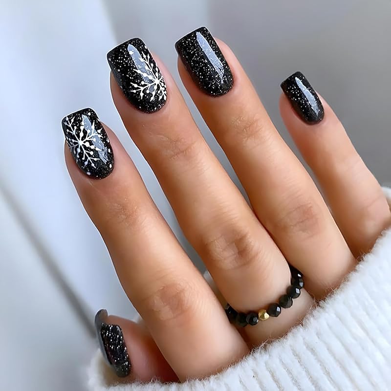 24Pcs Christmas Press on Nails Square French Tip Fake Nails Silver Glitter Nail Design Full Cover False Nails Snowflake Glue on Nails Cute Acrylic