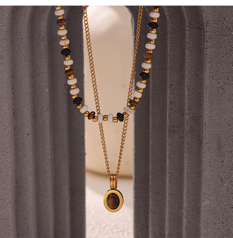 Double-Layered Tiger's Eye Beaded Necklace with Titanium Steel Clavicle Chain