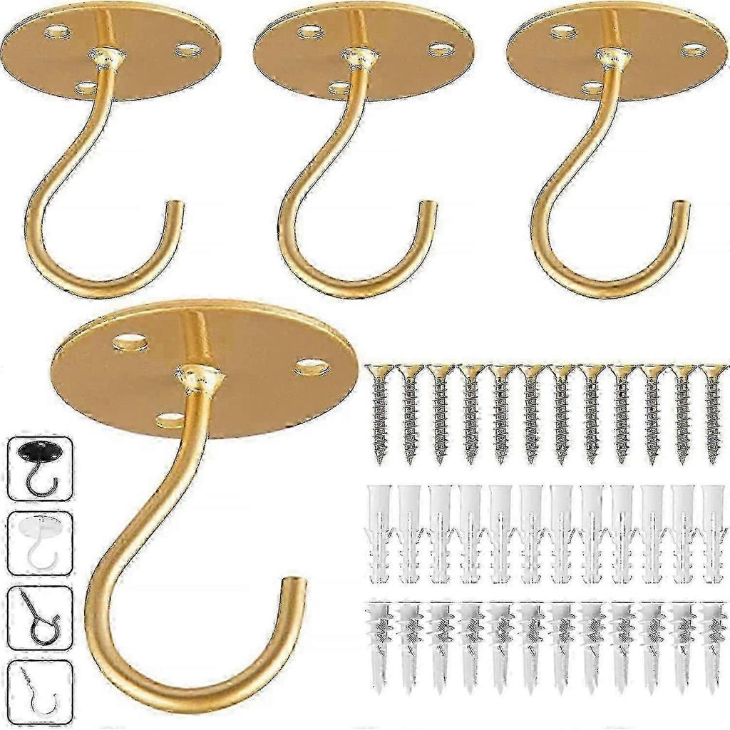 Ceiling Hooks For Hanging Plants- 4pcs 3 Inches Heavy Duty Vinyl Coated, Gold Hanging Hooks For Bird Feeders, Planters And Wind Chimes 25-26