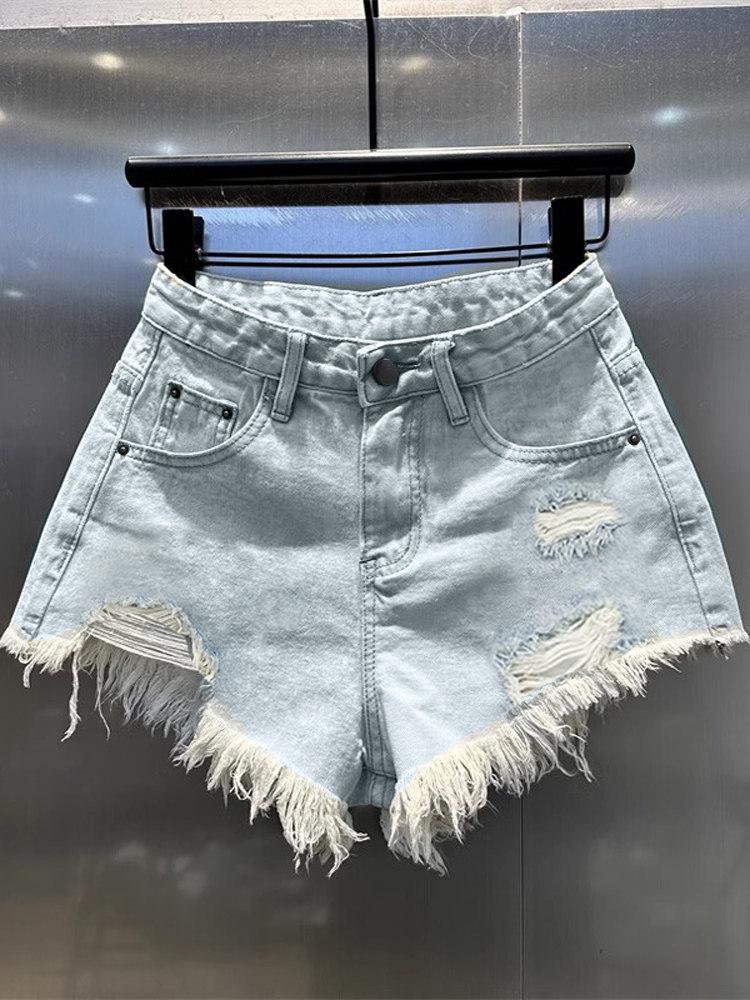 Light Blue Spicy Vintage Distressed Low-Waist Ripped Denim Shorts for Women – Sexy Wide-Leg Summer Hot Pants