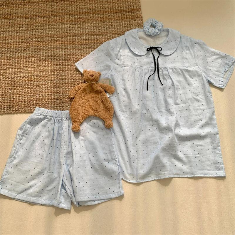 

Soft cute doll collar blue wave dot bow pajamas women s summer short-sleeved shorts cute girl casual and comfortable suit XXL