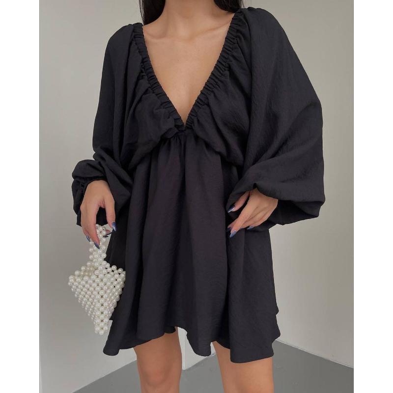 

Women s Deep V Neck Ruched Trim Puff Lantern Long Sleeve Loose A Line Mini Dress Casual Vacation Boho Daily Wear Short Dress S чёрный