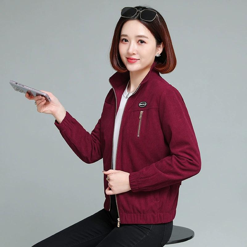 Jachetă Scurtă pentru Femei, Guler Înalt, Catifea Cord, Jachete de Primăvară și Toamnă, Haine pentru Femei de Vârstă Mijlocie