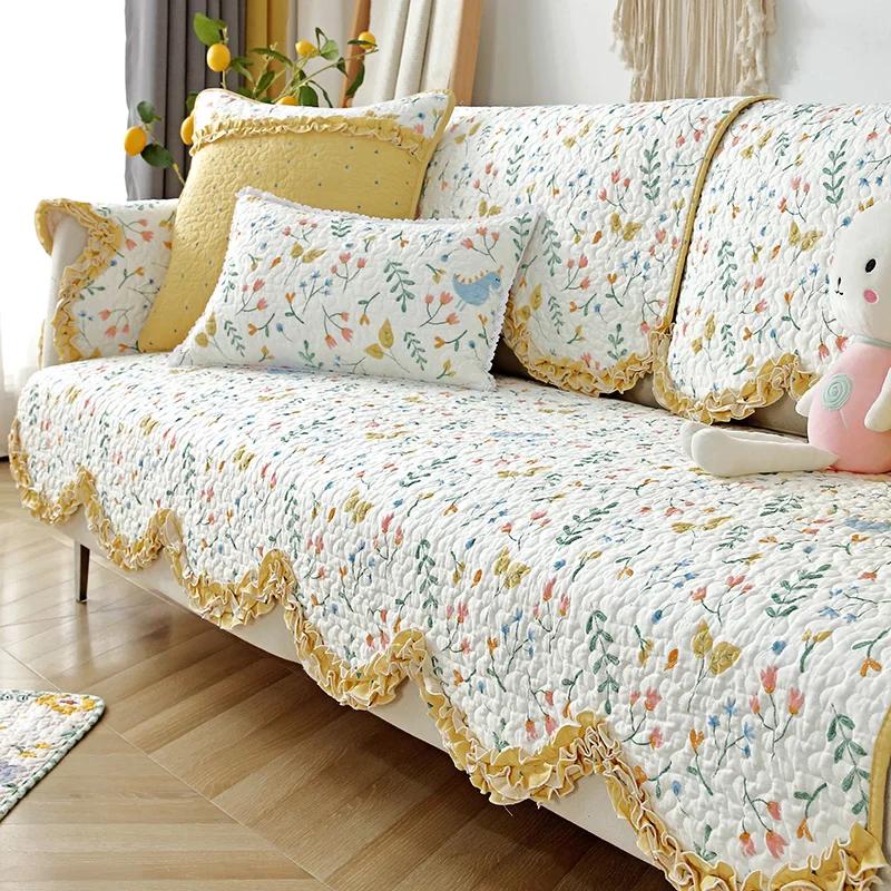 Curled Edge Rural Style Cotton Couch Mats Comfortable Soft Non Slip Sofa Towel Versatile Colorful Living Room Sofa Cover