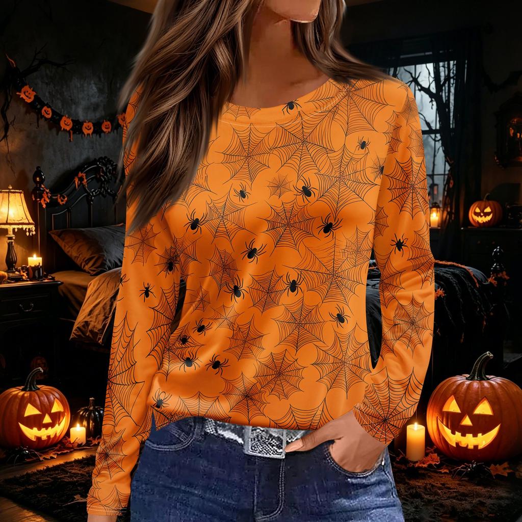 Women's Long Sleeve Round Neck Top with Halloween Print and Side Split Hem