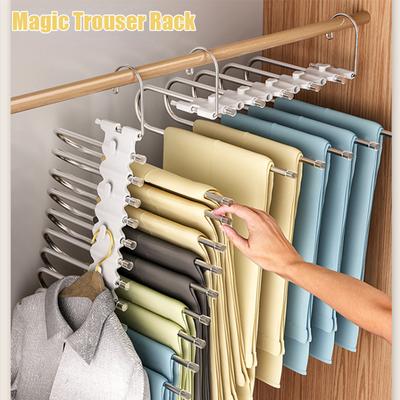 5/9 Layers Magic Foldable Pants Rack,Stainless Steel Multi-Tier Hanging Rack for Wardrobe Storage,Adjustable Closet Organizer