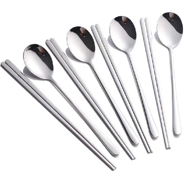 Buyer Star 4 Set Silver Korean Chopsticks Spoon Set Reusable Metal Stainless Steel Spoon Chopstix Set silver-flat chopstick and