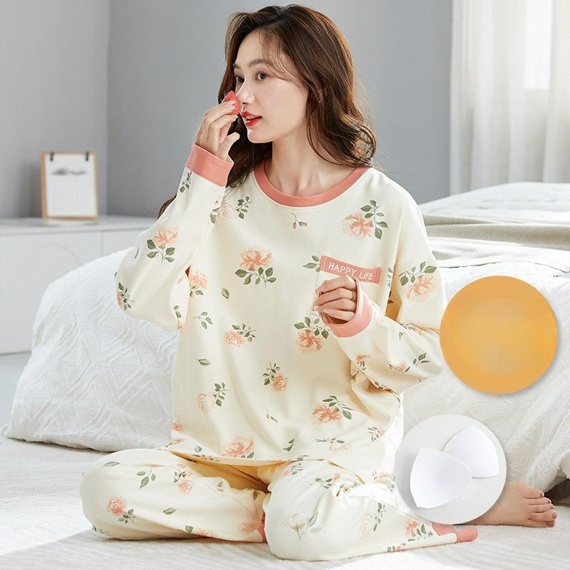 Pajamas with Chest Pads, Women's Autumn and Winter Long-sleeved Cotton, Cute and Casual, Can Be Worn Outside Home Service Suits