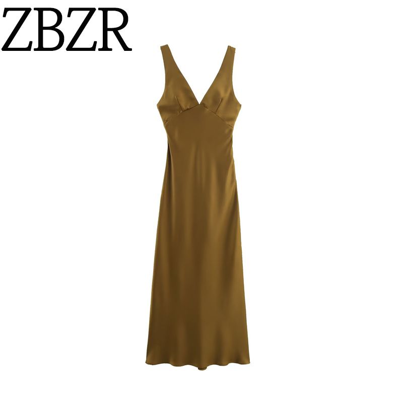 Zbzr Spring New Women Clothes Western Style Fashion Silk Satin Texture V-neck Midi Dress 8492366 510