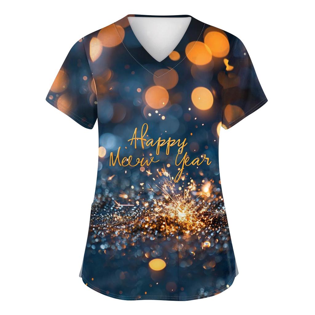 Women's Fashion Printed Short Sleeve V Neck Pattern Tops Pocket Working T-shirts