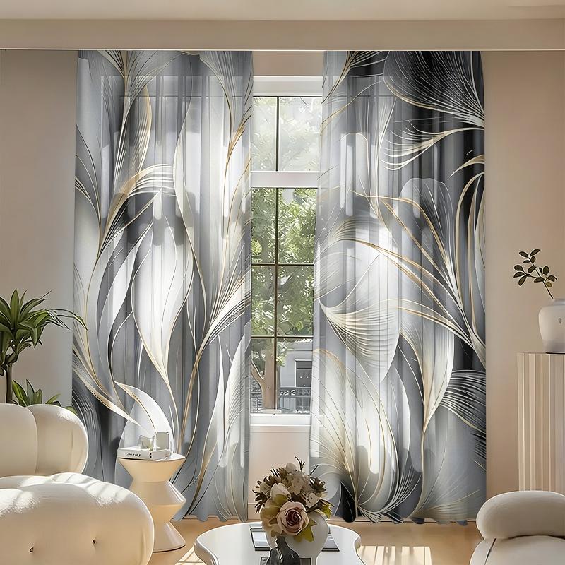 2-Piece Set of Leaf Print Curtains, Polyester Rod Pocket Digital Print Semi-Transparent Curtains 60×150cm(23.6×59in)
