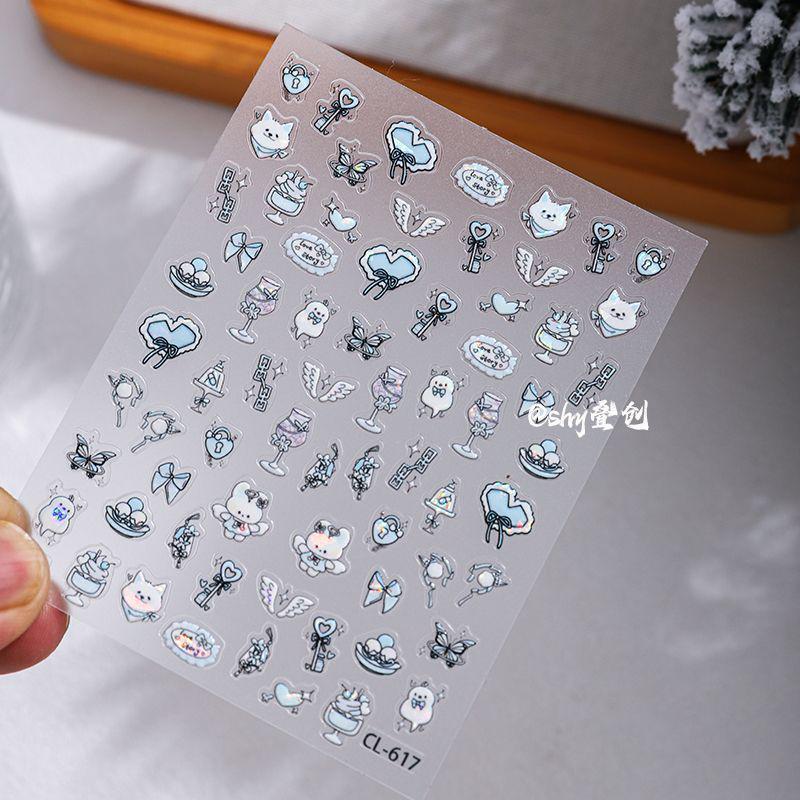 

3D Laser Embossed Cartoon Puppy & Bunny Nail Art Stickers with Wine Glass & Fairy Wand Designs Laser Style Ice Cute Whisper [1 sheet]