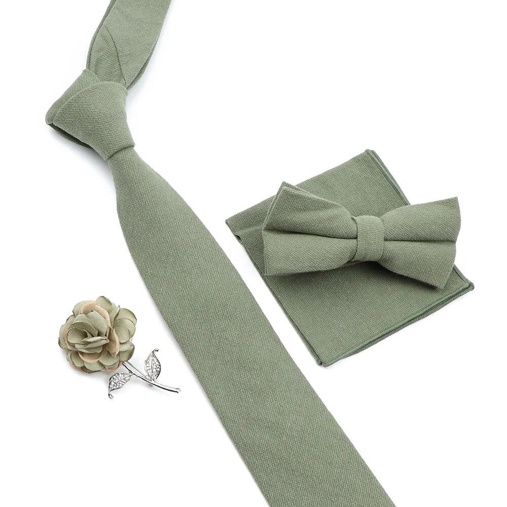 Solid Color Cotton Necktie Set For Men Tie 4pcs Hanky Cufflinks Rhinestone FLoral Brooch Tie Set