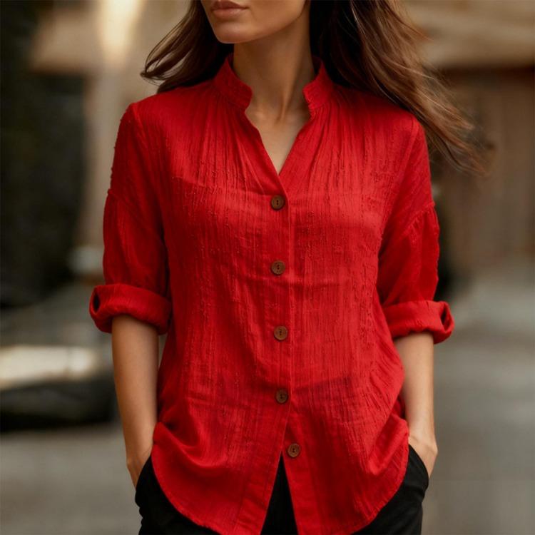 Fashionable Women Solid Color V Neck Long Sleeve Casual Button Down Shirt Top S красный