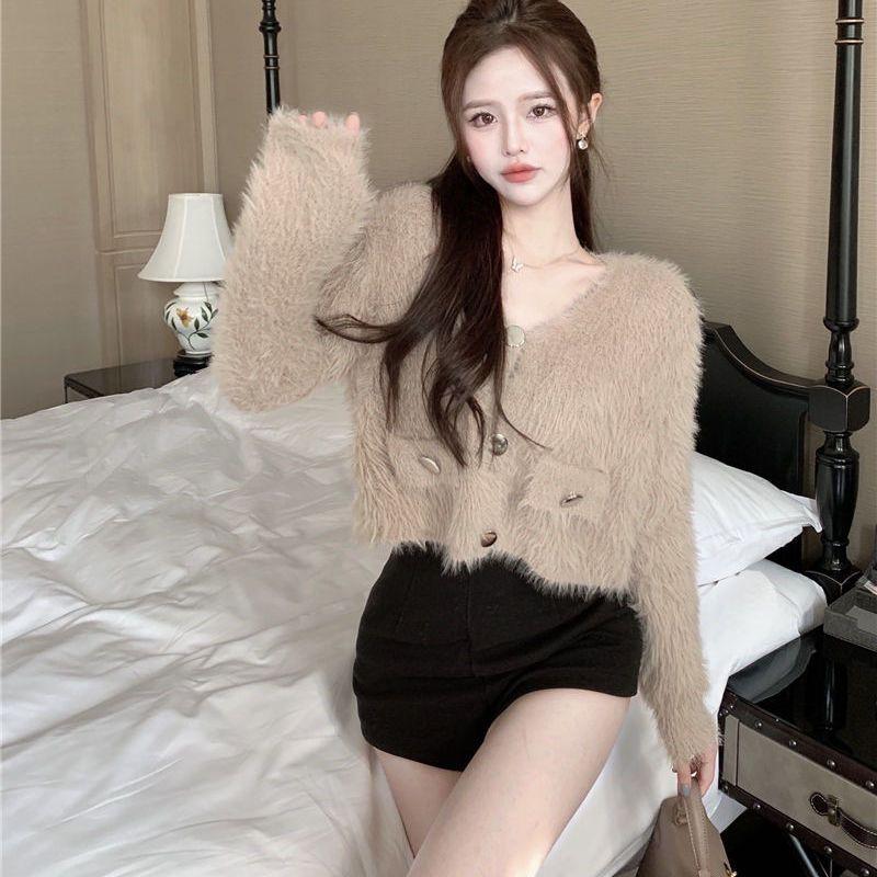 

Свитер-кардиган женский осенний корейский маленький ароматный ветер плюшевый короткий свитер пальто с длинным рукавом с v-образным вырезом новый вязаный кардиган женский One Size хаки