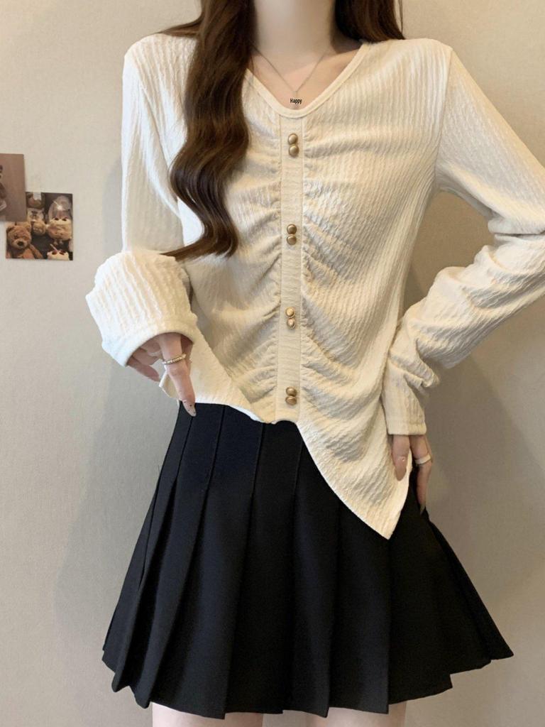 Women's Plus Size Irregular V-Neck Long Sleeve Knit Top - Slimming Slit Design for Spring and Autumn 2026