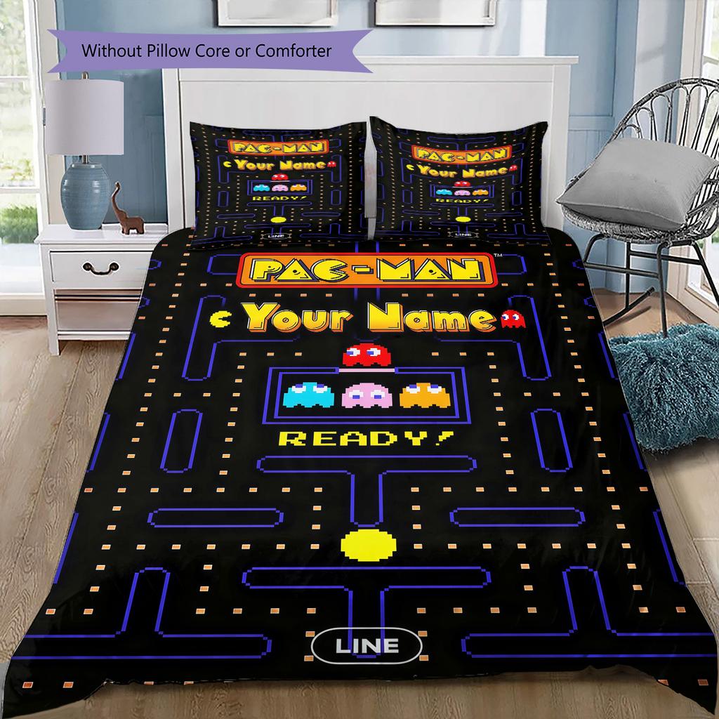 Custom Name Pac-Man Classic Game Bedding,Quilt Set Quilt Cover Pillowcase Home Birthday Gift (1 * Duvet Cover + 2 * Pillowcase, Without Core)