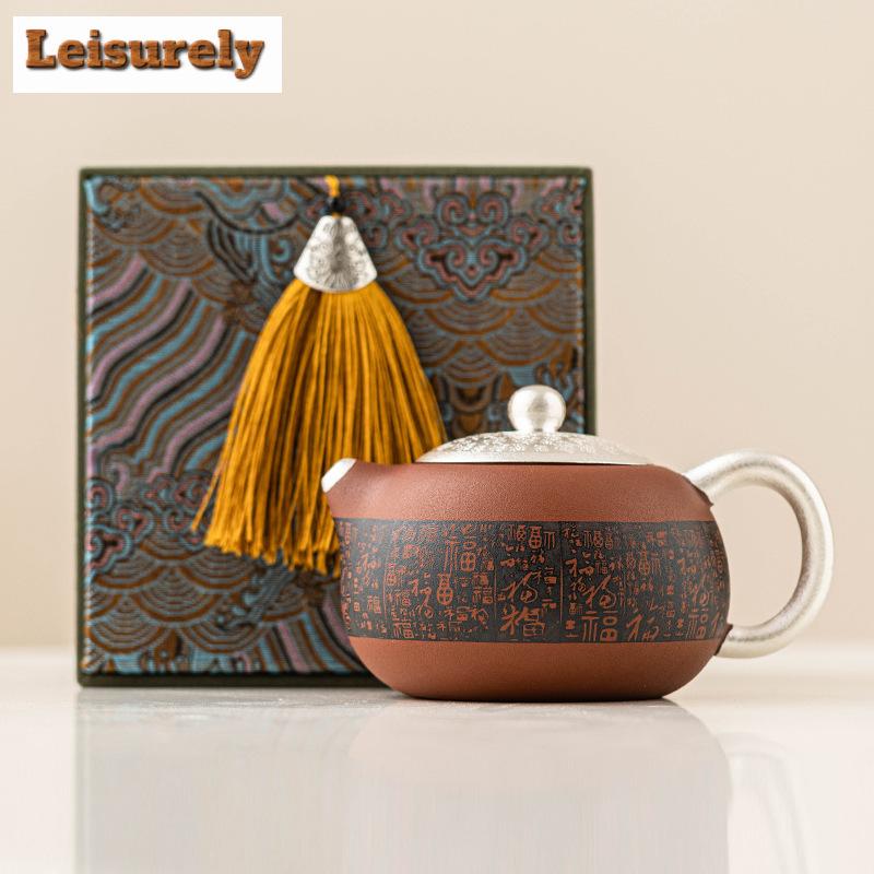 200ml Handmade 999 Gilded Silver Teapot Good Fortune Zhu Mud Zisha Xi Shi Pot Tea Maker Kettle Cha Accessories Collection Gifts