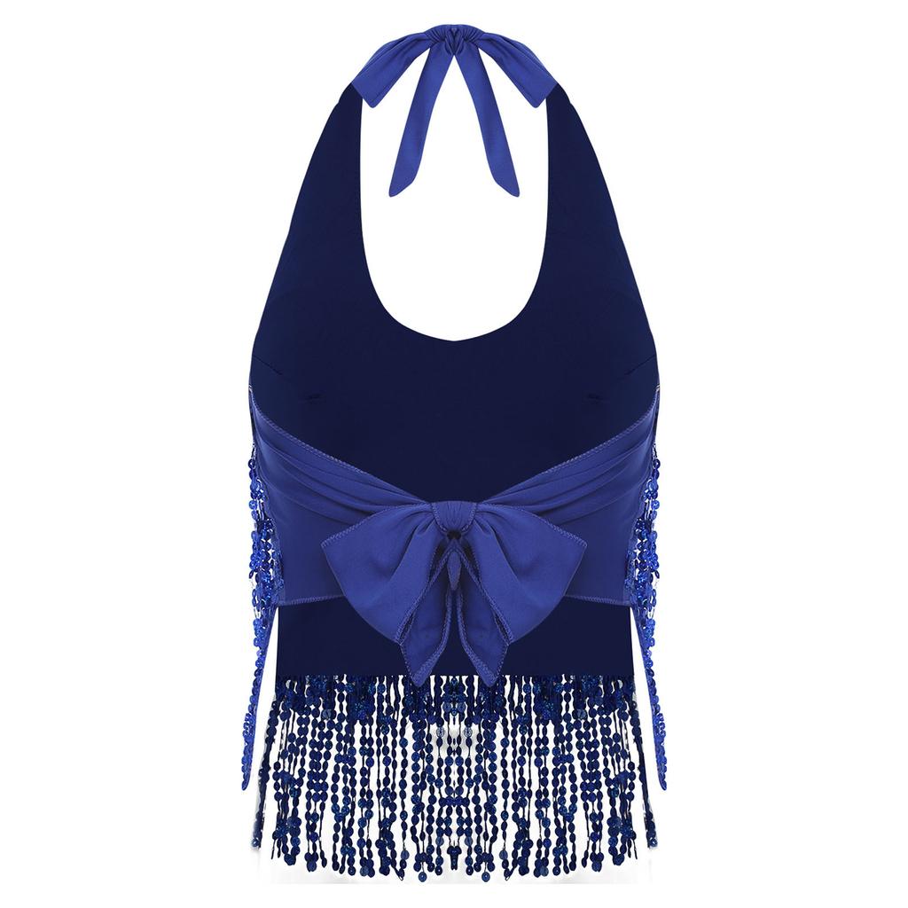 Essential Training Top for Belly Dancers: Supportive Halter Crop Top with Sequins, Lace-up Back & Tassel Details