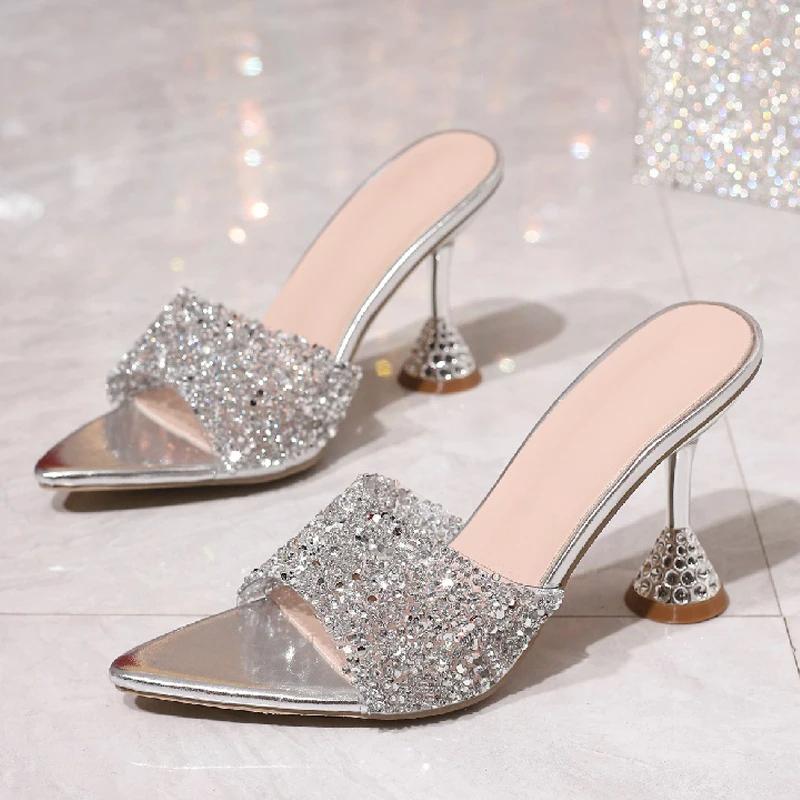 

Fashion Eilyken Summer PVC Transparent Pointed Toe Slippers Sandals Women Fashion Bling Crystal Diamond High Heels Party Shoes 36 серебряный