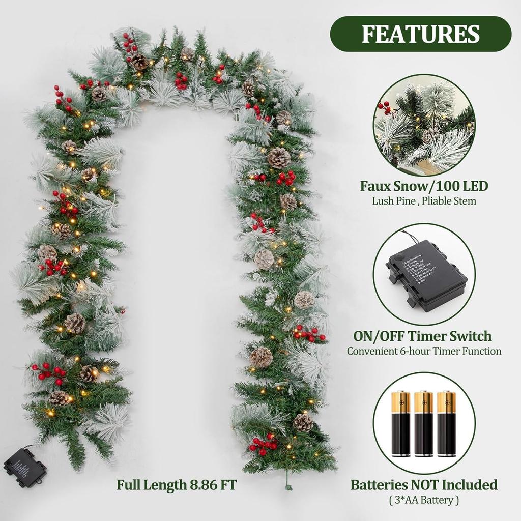9ft Pre-lit Christmas Garland with Lights, Pine & Berry for Mantle, Fireplace, Stairs, Indoor Outdoor Decor