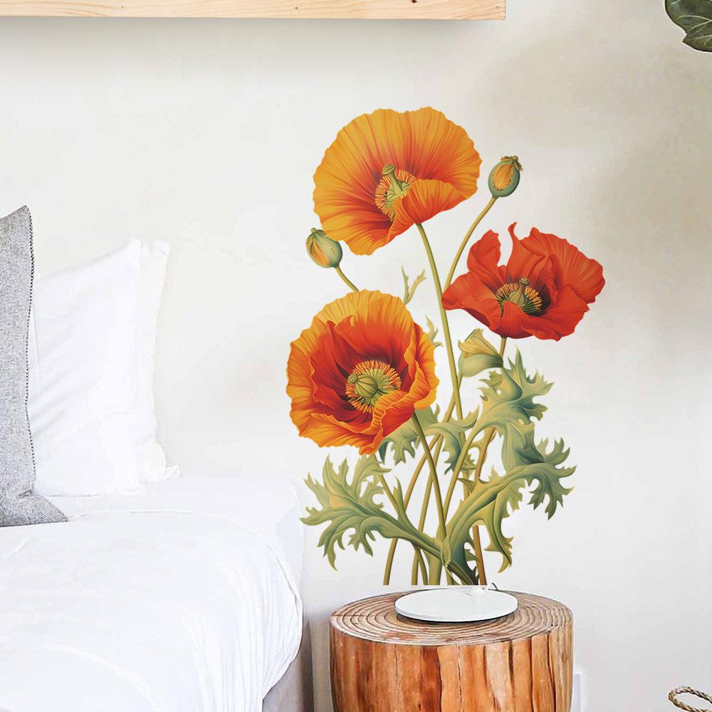 Hand-Painted Poppy Flower Wall Sticker Self-Adhesive for Study Bedroom Living Room Home Decoration