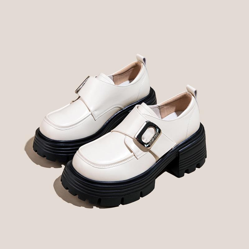 Leather platform loafers women's 2025 new Velcro versatile British style heightening small leather shoes spring and autumn single shoes