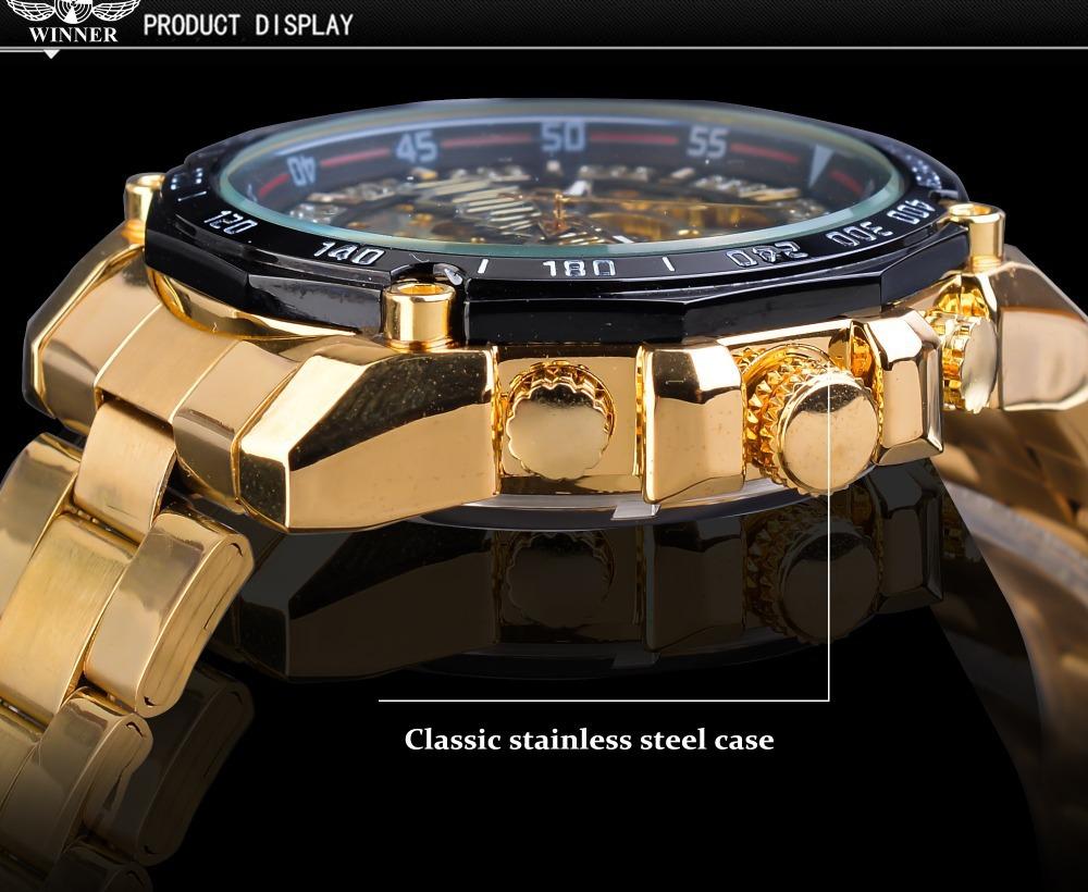 Moda Vincitore Top Brand Uomo Casual Scheletrato Automatico Meccanico Cinturino Completamente in Acciaio Inossidabile Lusso Dorato Orologi da Business