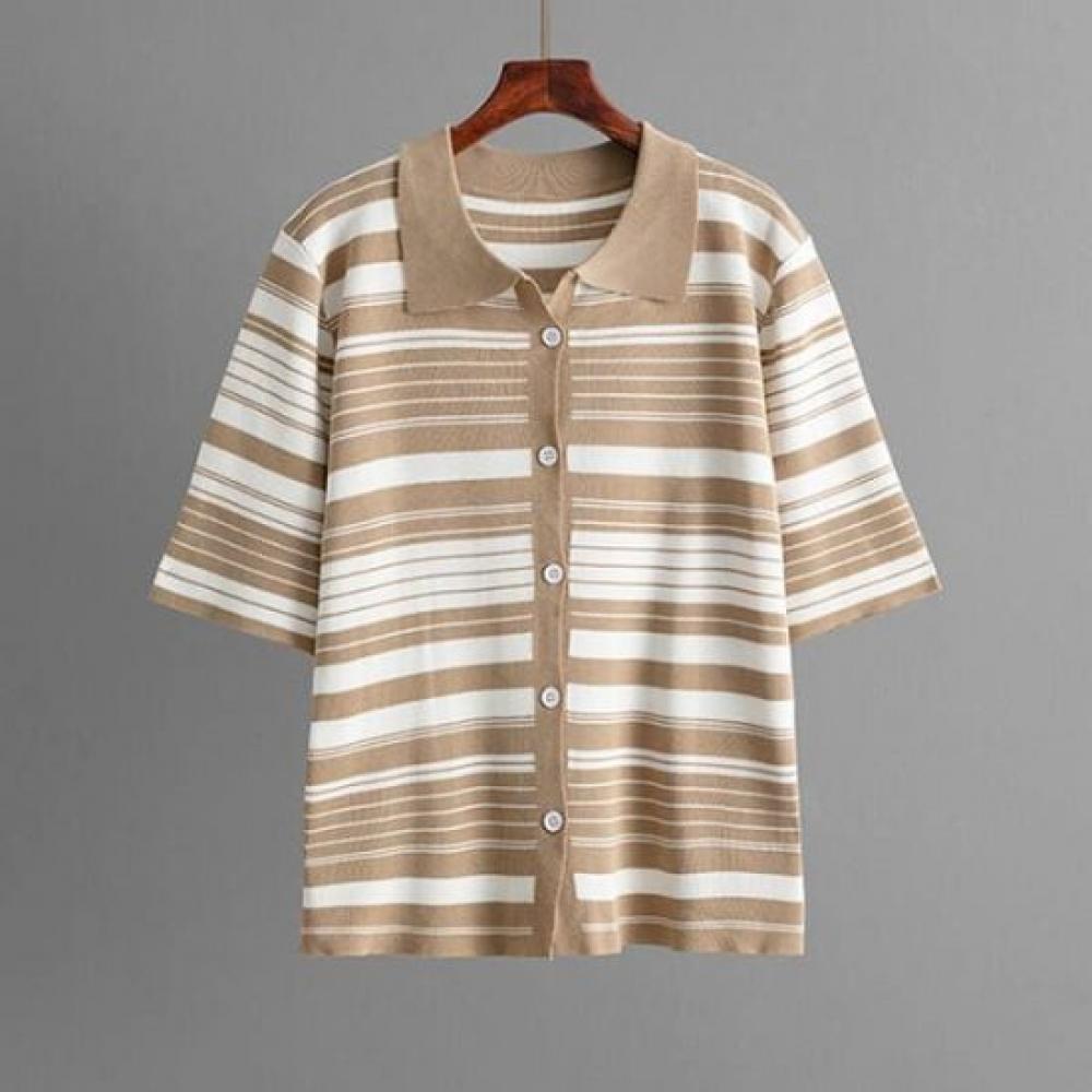 Navava Nk2937 Striped Collar Short Sleeve Knit Pants Two Piece Set