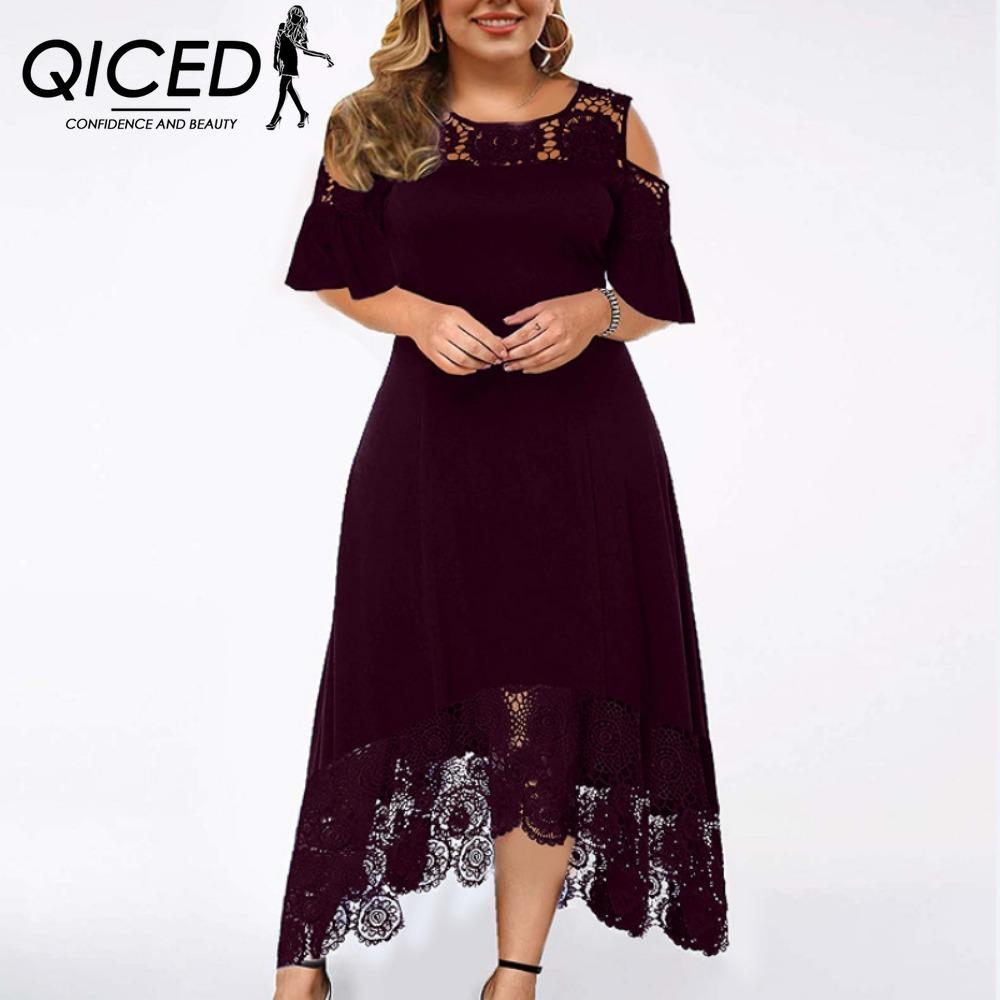 

QICED Вышивка Кружево Пэчворк Большой Размер Женское Платье Клеш Короткий Рукав Холодное Плечо Высокая Талия XXXXXL коричневый
