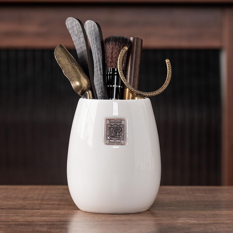 Suet Jade Porcelain Tea Ceremony Six Gentlemen Accessories Tea Needle Teaspoon Tea Clip Pen Holder Tea Brush High-grade Chinese Pen Holder