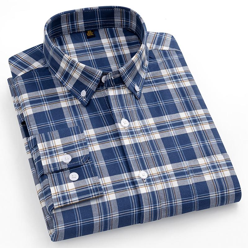 100% Cotton Oxford Men Striped Plaid Shirts Male Business Casual High Quality Long Sleeve Shirt for Men Button Shirt S-6XL 7XL