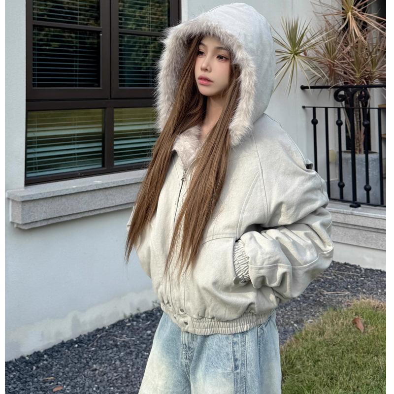 Damen Langarm Kapuzenjacke Mit Abnehmbarem Kunstpelzkragen Lockerer Sitz Winter Gefütterter Mantel Oberbekleidung