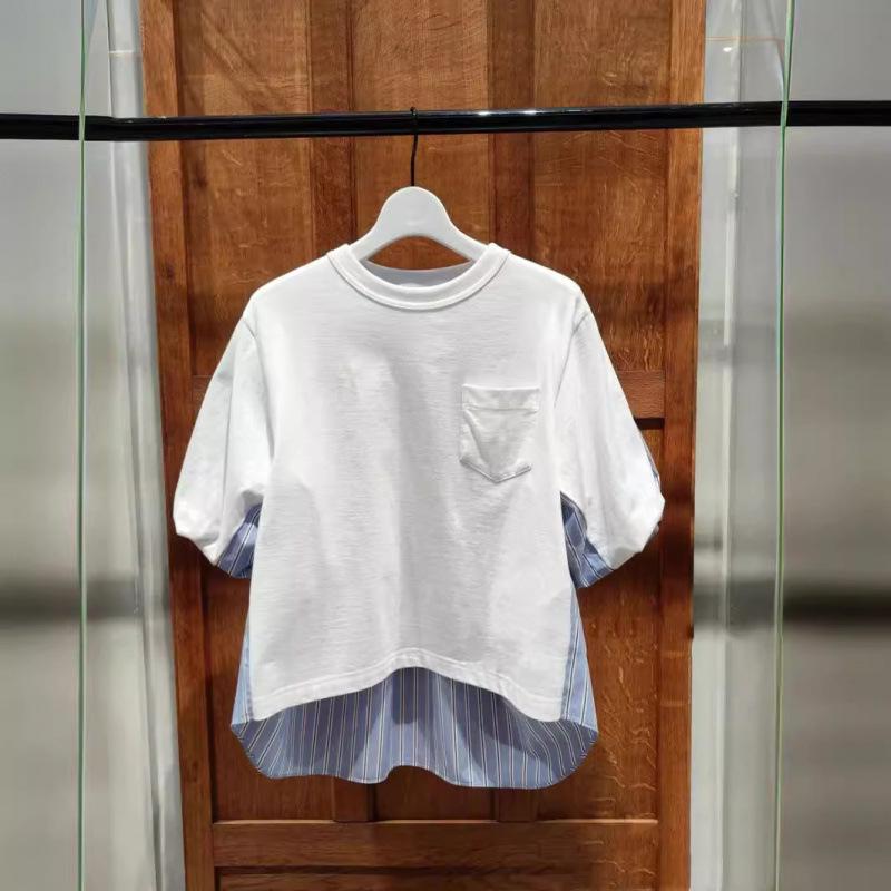 

FOG SACAI 2024 Women s Summer Patchwork Two-Tone Striped Loose Puff Sleeve T-Shirt Medium белый