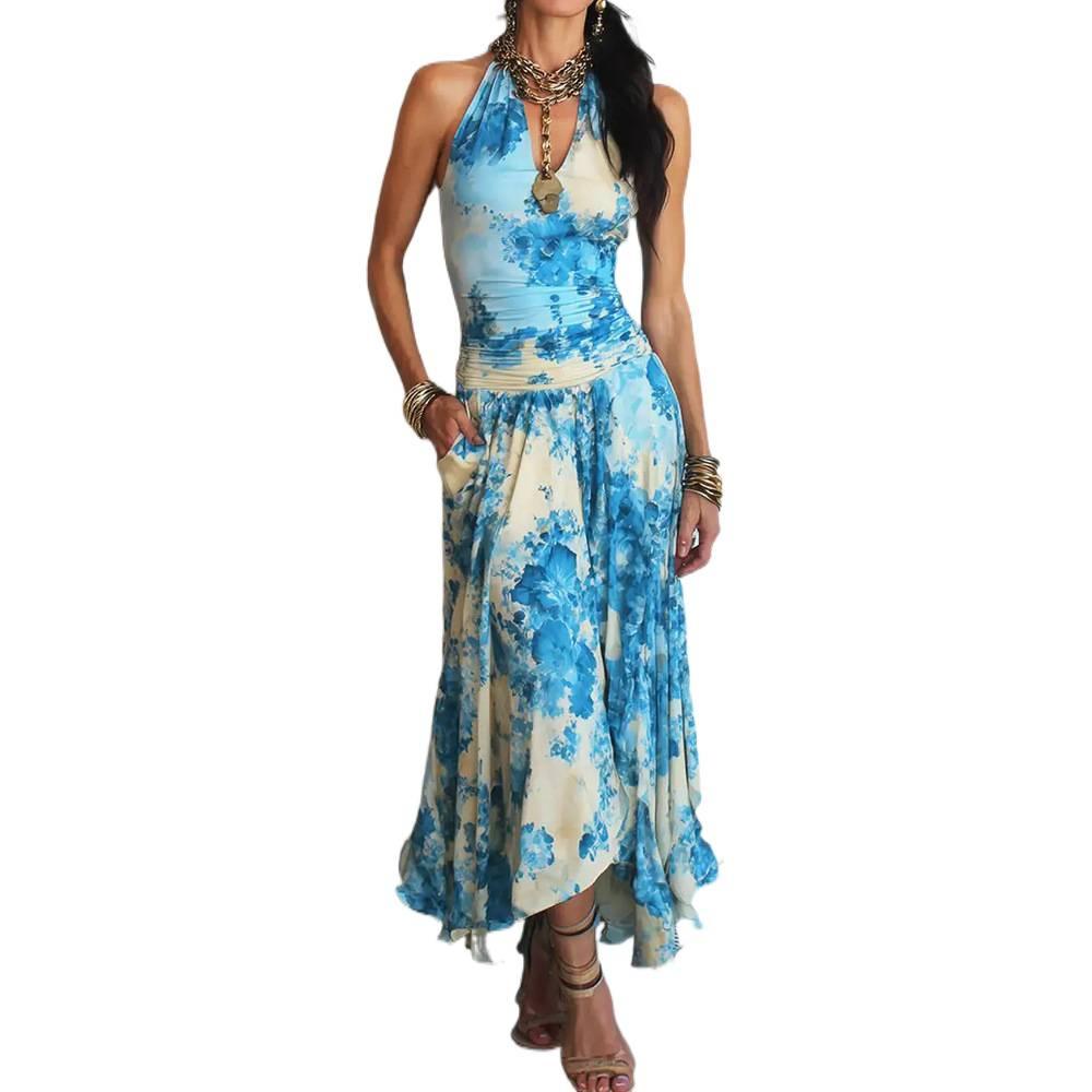 European and American summer new fashion printing sleeveless neck long dress casual dress women